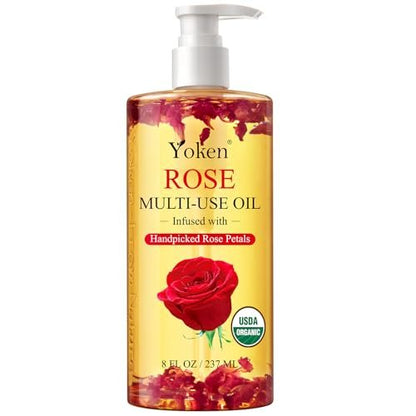Yoken Multi-Use Organic Body Oil with Rose Petals, Vitamin E & Almond Oil - USDA Certified, 8 Fl Oz - Nourishing & Hydrating for Skin, Face, Hair & Nails Avelisse