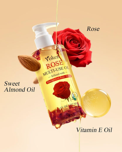 Yoken Multi-Use Organic Body Oil with Rose Petals, Vitamin E & Almond Oil - USDA Certified, 8 Fl Oz - Nourishing & Hydrating for Skin, Face, Hair & Nails Avelisse