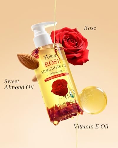 Yoken Multi-Use Organic Body Oil with Rose Petals, Vitamin E & Almond Oil - USDA Certified, 8 Fl Oz - Nourishing & Hydrating for Skin, Face, Hair & Nails Avelisse