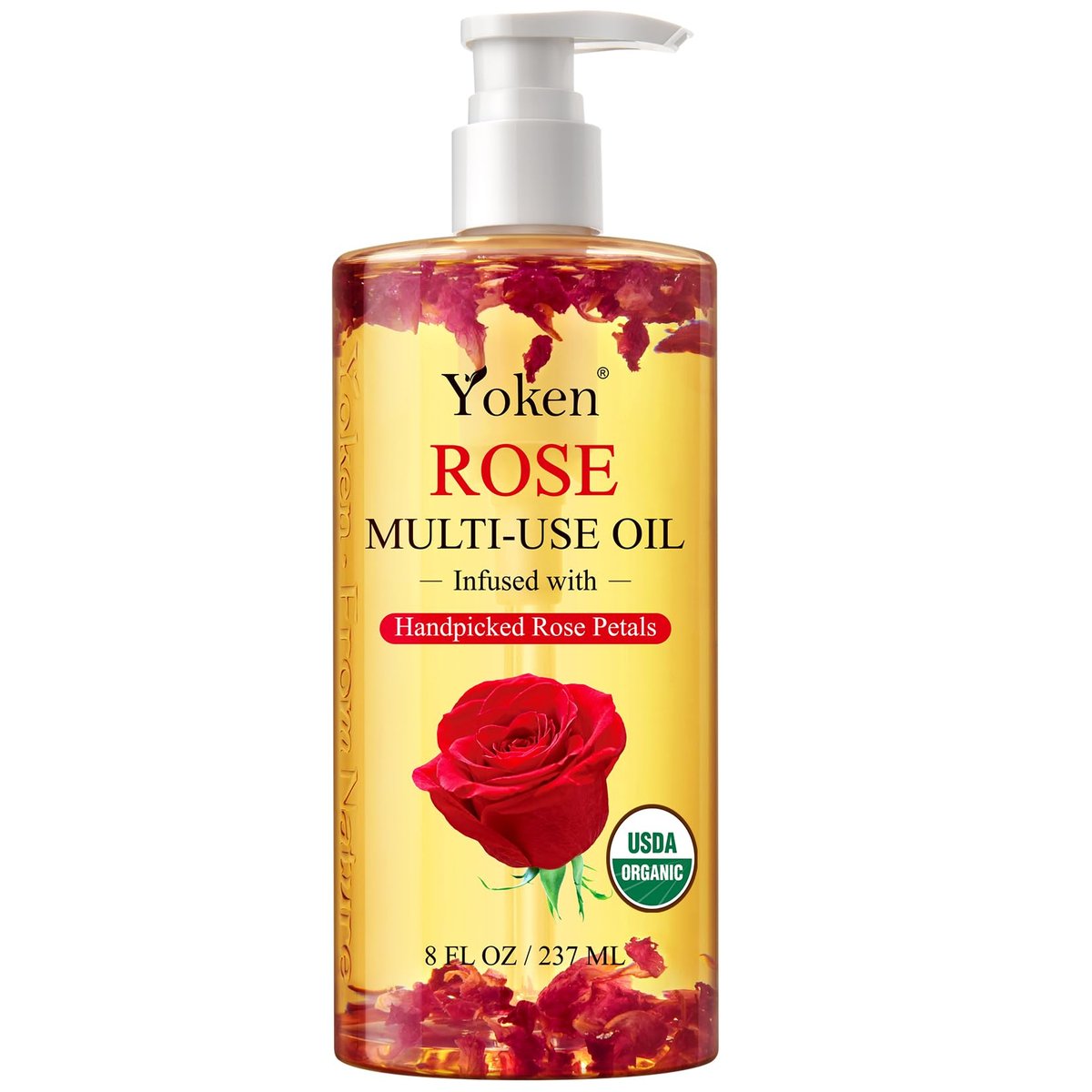 Yoken Multi-Use Organic Body Oil with Rose Petals, Vitamin E & Almond Oil - USDA Certified, 8 Fl Oz - Nourishing & Hydrating for Skin, Face, Hair & Nails Avelisse