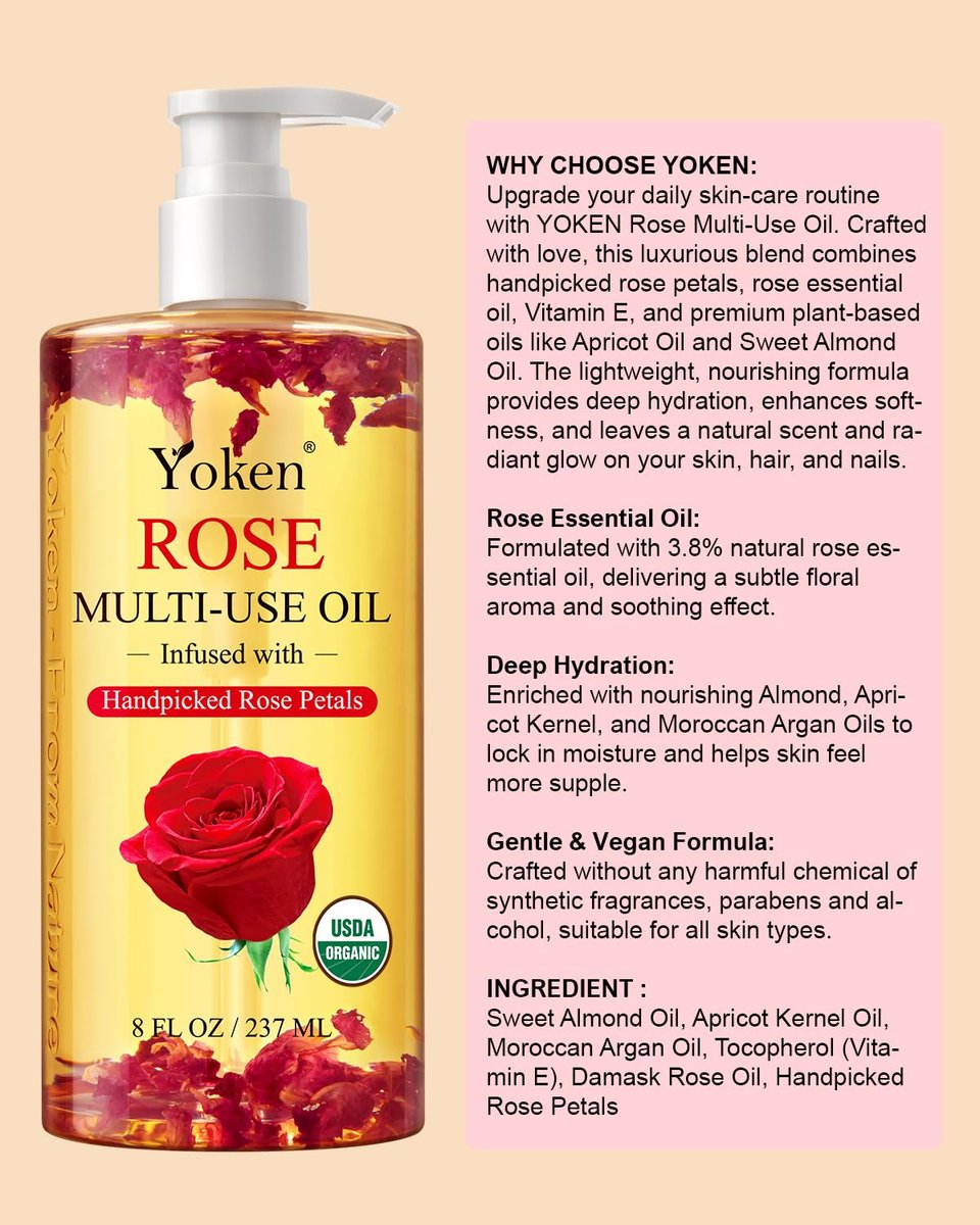 Yoken Multi-Use Organic Body Oil with Rose Petals, Vitamin E & Almond Oil - USDA Certified, 8 Fl Oz - Nourishing & Hydrating for Skin, Face, Hair & Nails Avelisse
