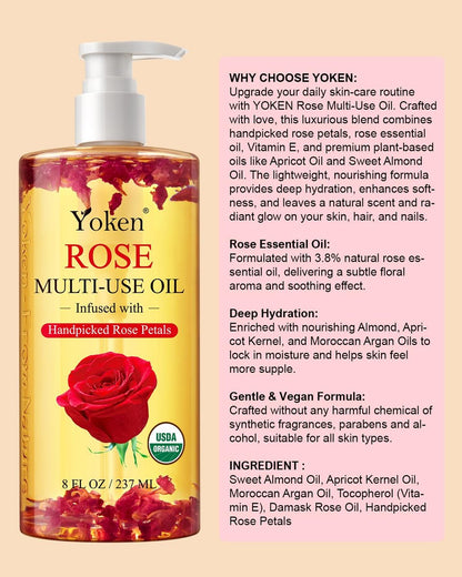 Yoken Multi-Use Organic Body Oil with Rose Petals, Vitamin E & Almond Oil - USDA Certified, 8 Fl Oz - Nourishing & Hydrating for Skin, Face, Hair & Nails Avelisse