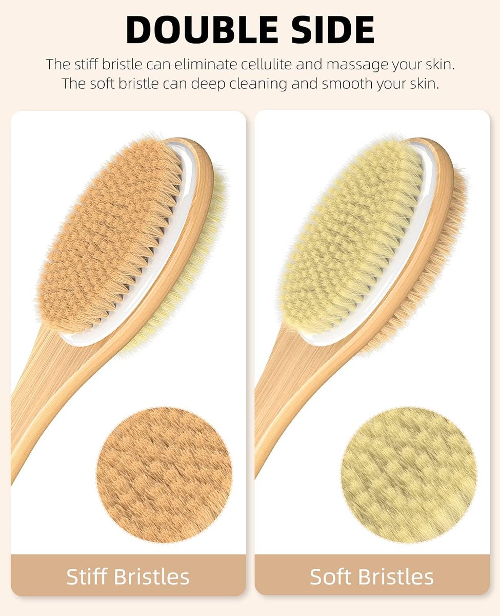 ManLinKei Back Scrubber for Shower - Long Handle Dual-Sided Bamboo Body Brush with Soft & Stiff Bristles for Exfoliation - görsel 3