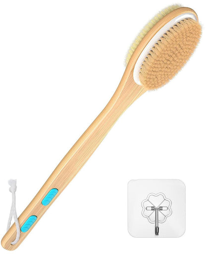 ManLinKei Back Scrubber for Shower - Long Handle Dual-Sided Bamboo Body Brush with Soft & Stiff Bristles for Exfoliation