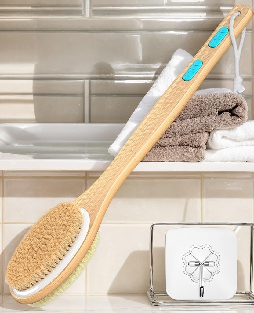 ManLinKei Back Scrubber for Shower - Long Handle Dual-Sided Bamboo Body Brush with Soft & Stiff Bristles for Exfoliation - görsel 11