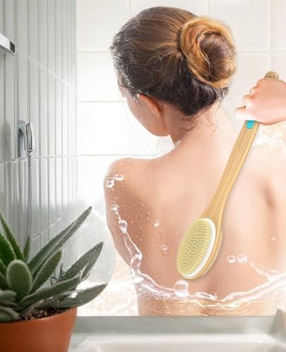 ManLinKei Back Scrubber for Shower - Long Handle Dual-Sided Bamboo Body Brush with Soft & Stiff Bristles for Exfoliation - görsel 6