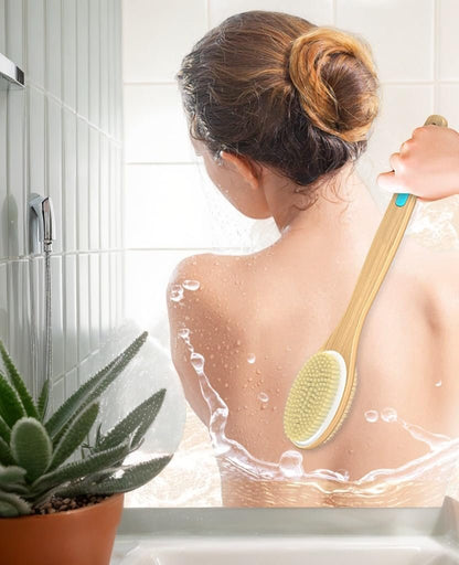 ManLinKei Back Scrubber for Shower - Long Handle Dual-Sided Bamboo Body Brush with Soft & Stiff Bristles for Exfoliation