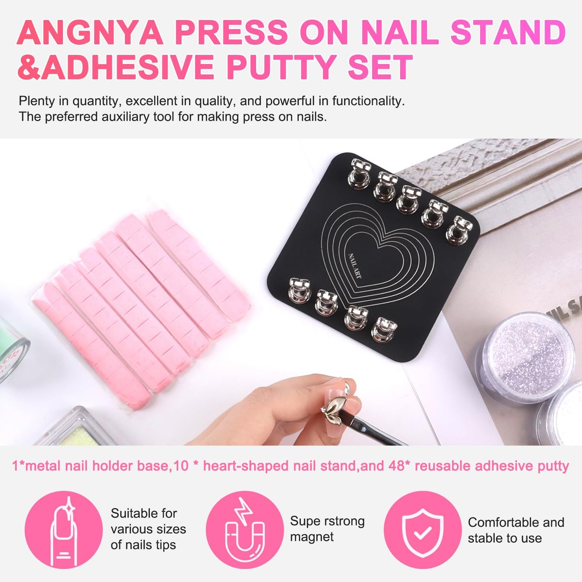 ANGNYA Nail Stand for Press Ons – Super Magnetic Base with Reusable Putty for Painting & Display, Home DIY Salon Supplies (Grey, 3.38x3.38in) - görsel 3