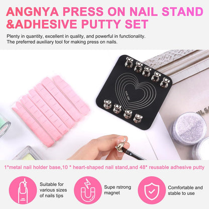 ANGNYA Nail Stand for Press Ons – Super Magnetic Base with Reusable Putty for Painting & Display, Home DIY Salon Supplies (Grey, 3.38x3.38in)