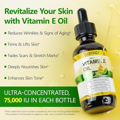 laraspi Pure Vitamin E Oil for Skin, Face, Scars, Body – Moisturizing Dry Skin, 4 oz Avelisse