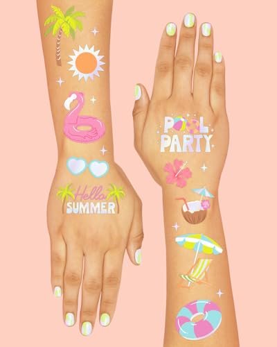 xo, Fetti Pool Party Temporary Tattoos - 68 Iridescent Foil Pcs | Summer Birthday Favor, Kids Waterpark Activity - görsel 7
