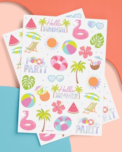 xo, Fetti Pool Party Temporary Tattoos - 68 Iridescent Foil Pcs | Summer Birthday Favor, Kids Waterpark Activity - görsel 3