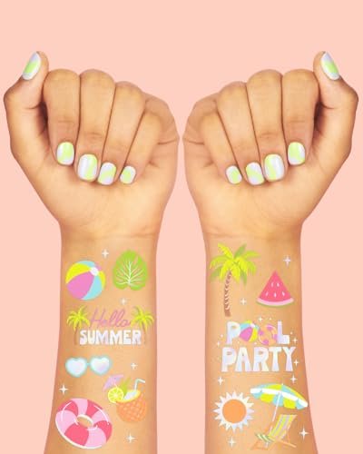 xo, Fetti Pool Party Temporary Tattoos - 68 Iridescent Foil Pcs | Summer Birthday Favor, Kids Waterpark Activity - görsel 5
