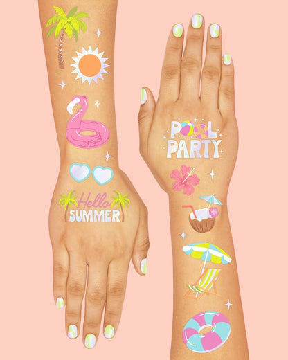 xo, Fetti Pool Party Temporary Tattoos - 68 Iridescent Foil Pcs | Summer Birthday Favor, Kids Waterpark Activity