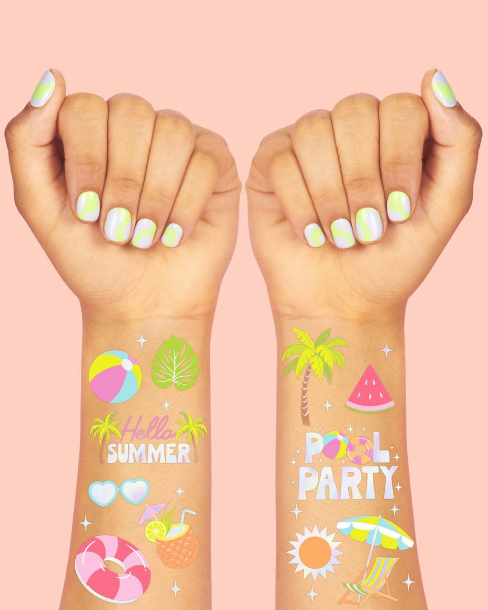 xo, Fetti Pool Party Temporary Tattoos - 68 Iridescent Foil Pcs | Summer Birthday Favor, Kids Waterpark Activity - görsel 6