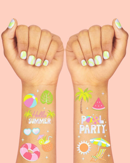 xo, Fetti Pool Party Temporary Tattoos - 68 Iridescent Foil Pcs | Summer Birthday Favor, Kids Waterpark Activity