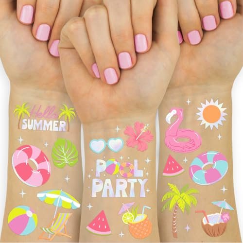 xo, Fetti Pool Party Temporary Tattoos - 68 Iridescent Foil Pcs | Summer Birthday Favor, Kids Waterpark Activity - görsel 1