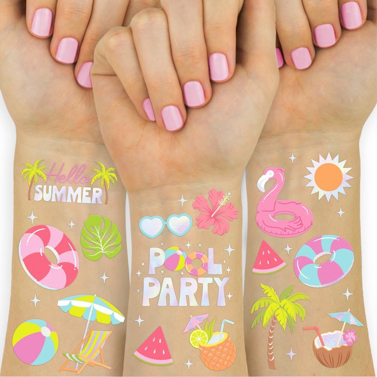 xo, Fetti Pool Party Temporary Tattoos - 68 Iridescent Foil Pcs | Summer Birthday Favor, Kids Waterpark Activity - görsel 2