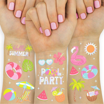 xo, Fetti Pool Party Temporary Tattoos - 68 Iridescent Foil Pcs | Summer Birthday Favor, Kids Waterpark Activity