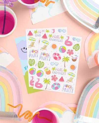 xo, Fetti Pool Party Temporary Tattoos - 68 Iridescent Foil Pcs | Summer Birthday Favor, Kids Waterpark Activity