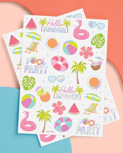 xo, Fetti Pool Party Temporary Tattoos - 68 Iridescent Foil Pcs | Summer Birthday Favor, Kids Waterpark Activity