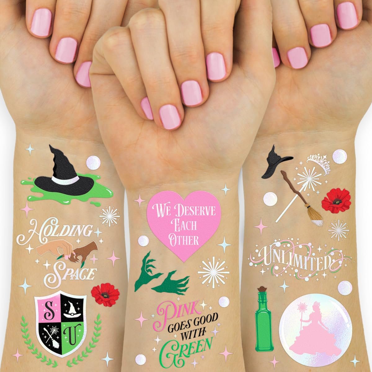 xo, Fetti Pink + Green Witch Temporary Tattoos - 50 Iridescent Foil Pieces | Birthday Party Favor, Kids Wizard Activity - görsel 2