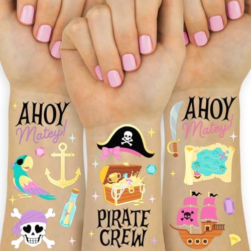 xo, Fetti Pirate Crew Temporary Tattoos - 48 Gold Foil Pcs | Birthday Accessory, Girl Treasure Hunt Decorations, Kids Ahoy Party Favor, Cute Pink Activity - görsel 1