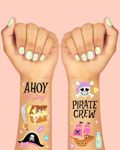 xo, Fetti Pirate Crew Temporary Tattoos - 48 Gold Foil Pcs | Birthday Accessory, Girl Treasure Hunt Decorations, Kids Ahoy Party Favor, Cute Pink Activity