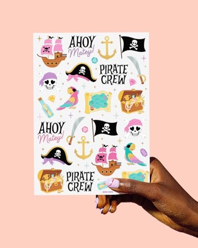 xo, Fetti Pirate Crew Temporary Tattoos - 48 Gold Foil Pcs | Birthday Accessory, Girl Treasure Hunt Decorations, Kids Ahoy Party Favor, Cute Pink Activity - görsel 9