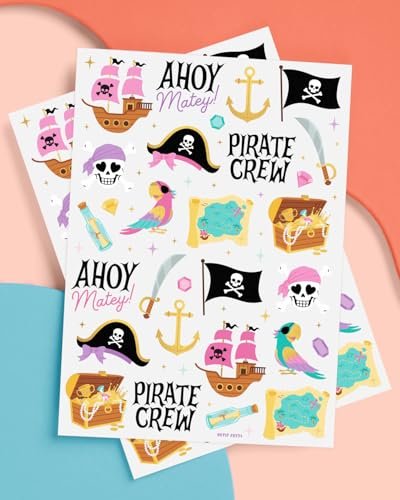 xo, Fetti Pirate Crew Temporary Tattoos - 48 Gold Foil Pcs | Birthday Accessory, Girl Treasure Hunt Decorations, Kids Ahoy Party Favor, Cute Pink Activity - görsel 3