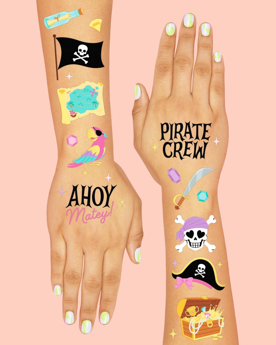 xo, Fetti Pirate Crew Temporary Tattoos - 48 Gold Foil Pcs | Birthday Accessory, Girl Treasure Hunt Decorations, Kids Ahoy Party Favor, Cute Pink Activity - görsel 8