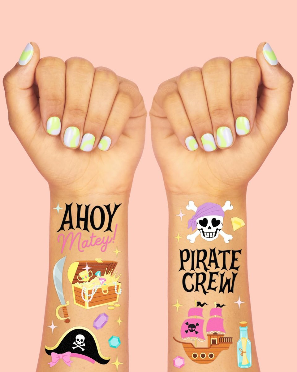 xo, Fetti Pirate Crew Temporary Tattoos - 48 Gold Foil Pcs | Birthday Accessory, Girl Treasure Hunt Decorations, Kids Ahoy Party Favor, Cute Pink Activity - görsel 6