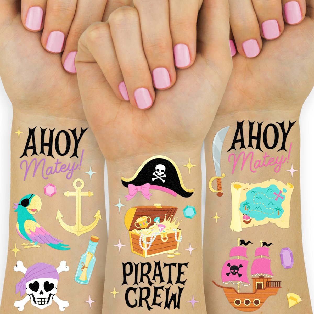 xo, Fetti Pirate Crew Temporary Tattoos - 48 Gold Foil Pcs | Birthday Accessory, Girl Treasure Hunt Decorations, Kids Ahoy Party Favor, Cute Pink Activity - görsel 2