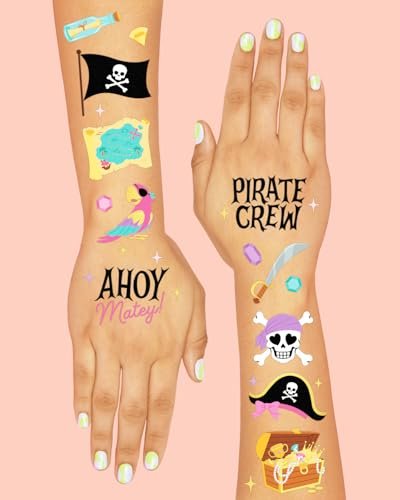 xo, Fetti Pirate Crew Temporary Tattoos - 48 Gold Foil Pcs | Birthday Accessory, Girl Treasure Hunt Decorations, Kids Ahoy Party Favor, Cute Pink Activity - görsel 7
