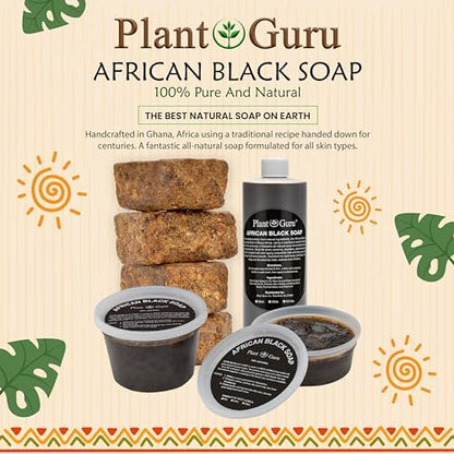 Plant Guru Raw African Black Soap 5 oz. Bar - Pure & Natural Traditional Skincare for Face, Body & Hair | Handmade Cleanser for All Skin Types Imported From Ghana