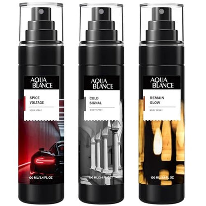 AQUA BLANCE Body Spray for Men - Long Lasting Refreshing Spray, Pack of 3 (Spice Voltage, Cold Signal, Remain Glow), 3.4 Fl Oz Each Avelisse