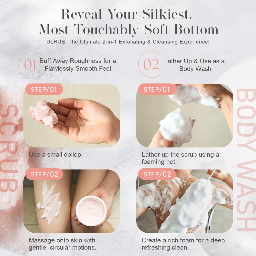 ULRUB Body Scrub 460g - Perfumed Exfoliator for Dark Spots, Intimate Areas, Knees, Arms, Elbows, Heels with CICA Extract, Placenta, Vitamin C - Japanese Body Smoother for Women Avelisse