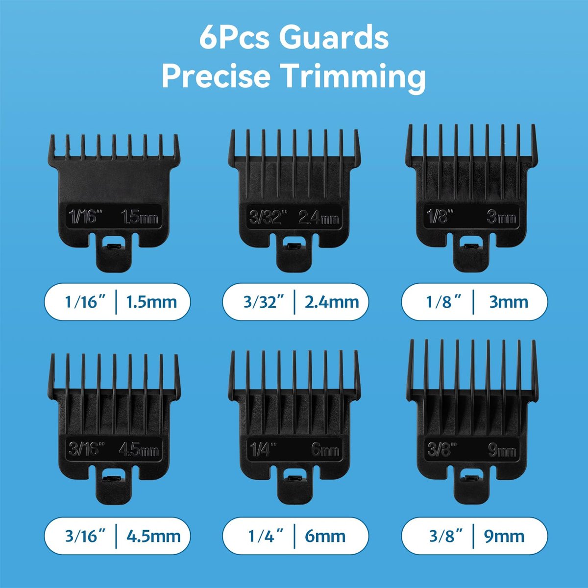 6-Pack Hair Clipper Guards Compatible with Baybliss FX787 and Andis T Outliner G, GO, GTO, ORL, LS2, LS3, PLS, PMT-1, RT-1, SLII Trimmer Guards - 1/16" to 3/8" Black - görsel 3