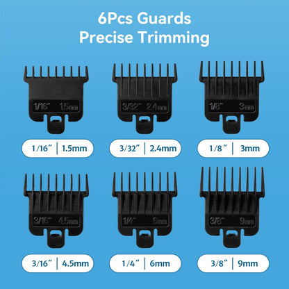 6-Pack Hair Clipper Guards Compatible with Baybliss FX787 and Andis T Outliner G, GO, GTO, ORL, LS2, LS3, PLS, PMT-1, RT-1, SLII Trimmer Guards - 1/16" to 3/8" Black
