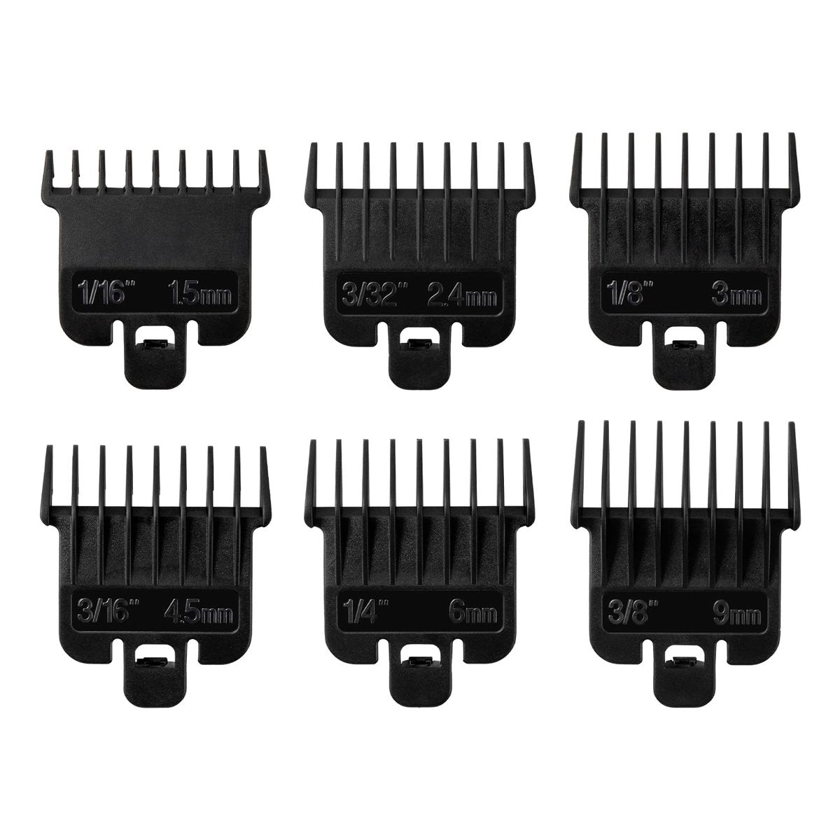 6-Pack Hair Clipper Guards Compatible with Baybliss FX787 and Andis T Outliner G, GO, GTO, ORL, LS2, LS3, PLS, PMT-1, RT-1, SLII Trimmer Guards - 1/16" to 3/8" Black - görsel 1