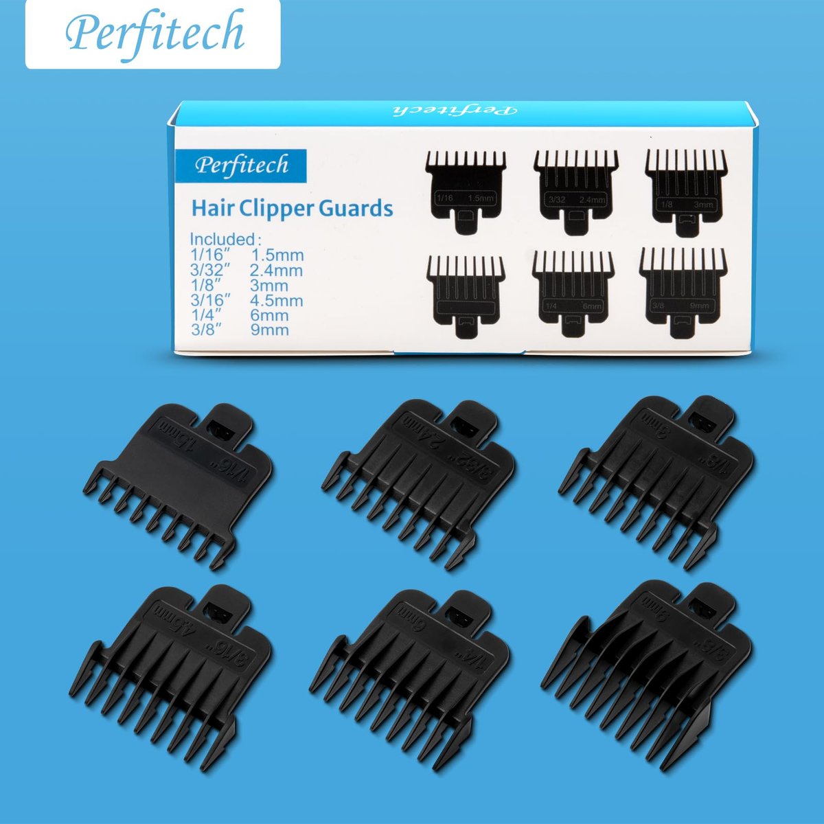 6-Pack Hair Clipper Guards Compatible with Baybliss FX787 and Andis T Outliner G, GO, GTO, ORL, LS2, LS3, PLS, PMT-1, RT-1, SLII Trimmer Guards - 1/16" to 3/8" Black - görsel 11