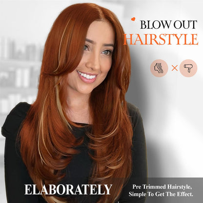 WIGER Long Straight Layered Auburn Hair Wig - Ombre Ginger Straight Wig, Copper Red Cosplay Full Wig for Women, Synthetic Colorful Non-Lace Hair for Daily or Costumes