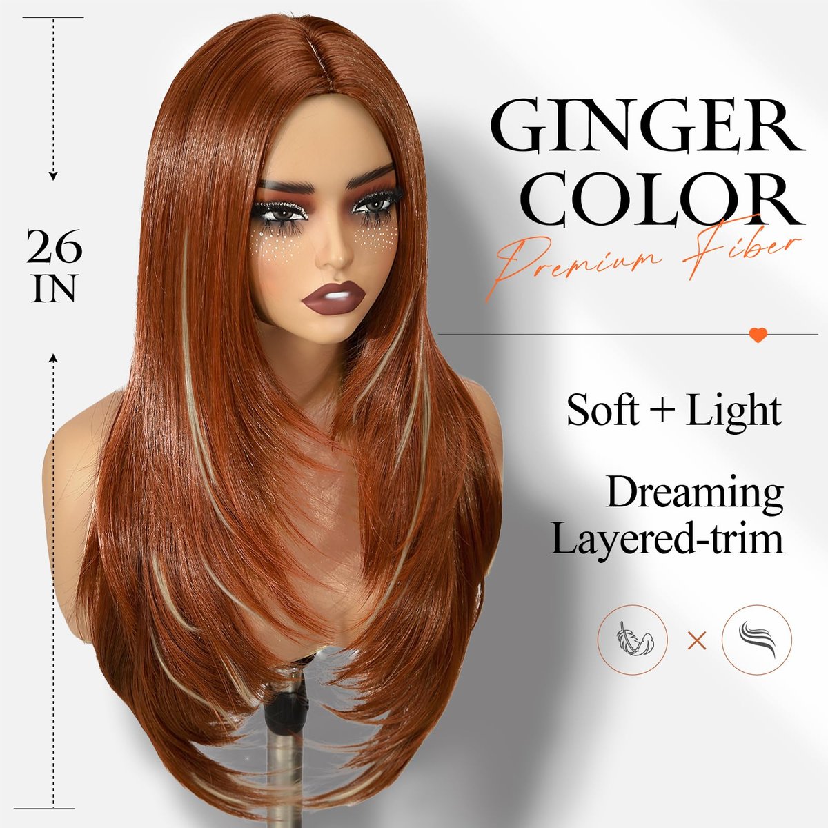 WIGER Long Straight Layered Auburn Hair Wig - Ombre Ginger Straight Wig, Copper Red Cosplay Full Wig for Women, Synthetic Colorful Non-Lace Hair for Daily or Costumes - görsel 7