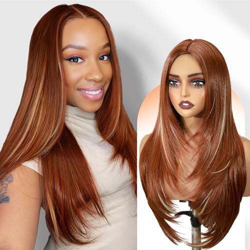WIGER Long Straight Layered Auburn Hair Wig - Ombre Ginger Straight Wig, Copper Red Cosplay Full Wig for Women, Synthetic Colorful Non-Lace Hair for Daily or Costumes - görsel 6