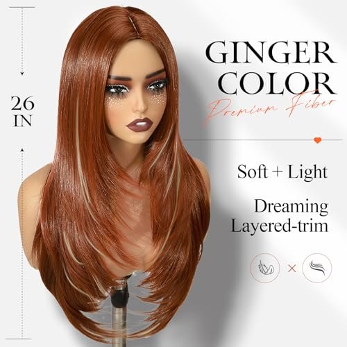 WIGER Long Straight Layered Auburn Hair Wig - Ombre Ginger Straight Wig, Copper Red Cosplay Full Wig for Women, Synthetic Colorful Non-Lace Hair for Daily or Costumes - görsel 8