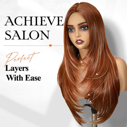 WIGER Long Straight Layered Auburn Hair Wig - Ombre Ginger Straight Wig, Copper Red Cosplay Full Wig for Women, Synthetic Colorful Non-Lace Hair for Daily or Costumes