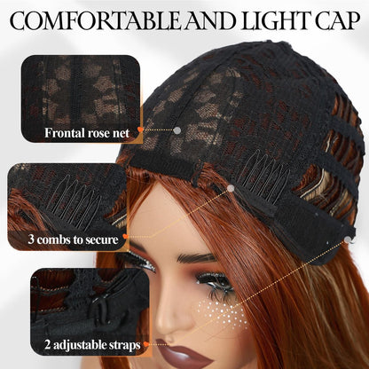 WIGER Long Straight Layered Auburn Hair Wig - Ombre Ginger Straight Wig, Copper Red Cosplay Full Wig for Women, Synthetic Colorful Non-Lace Hair for Daily or Costumes