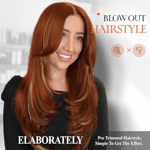 WIGER Long Straight Layered Auburn Hair Wig - Ombre Ginger Straight Wig, Copper Red Cosplay Full Wig for Women, Synthetic Colorful Non-Lace Hair for Daily or Costumes - görsel 12