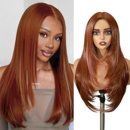 WIGER Long Straight Layered Auburn Hair Wig - Ombre Ginger Straight Wig, Copper Red Cosplay Full Wig for Women, Synthetic Colorful Non-Lace Hair for Daily or Costumes