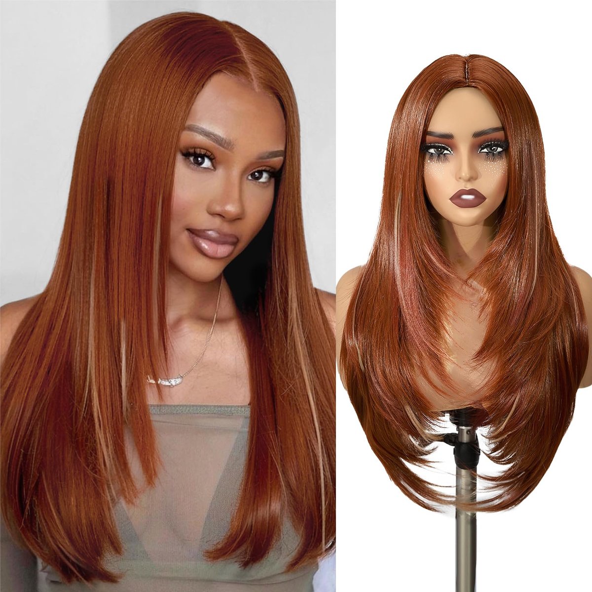 WIGER Long Straight Layered Auburn Hair Wig - Ombre Ginger Straight Wig, Copper Red Cosplay Full Wig for Women, Synthetic Colorful Non-Lace Hair for Daily or Costumes - görsel 1